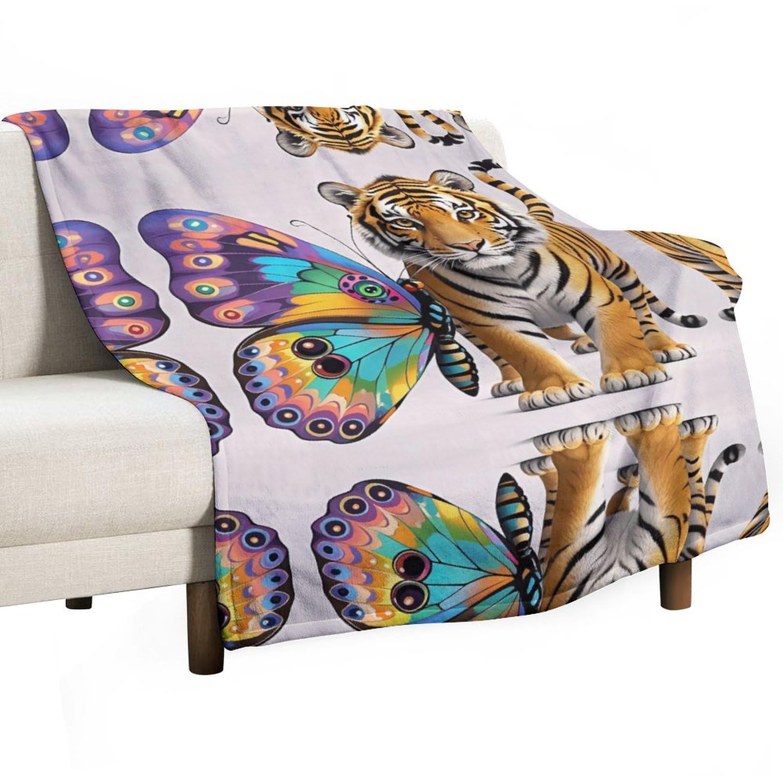 Couverture flanelle douce motif tigre et papillon, le cadeau réconfortant