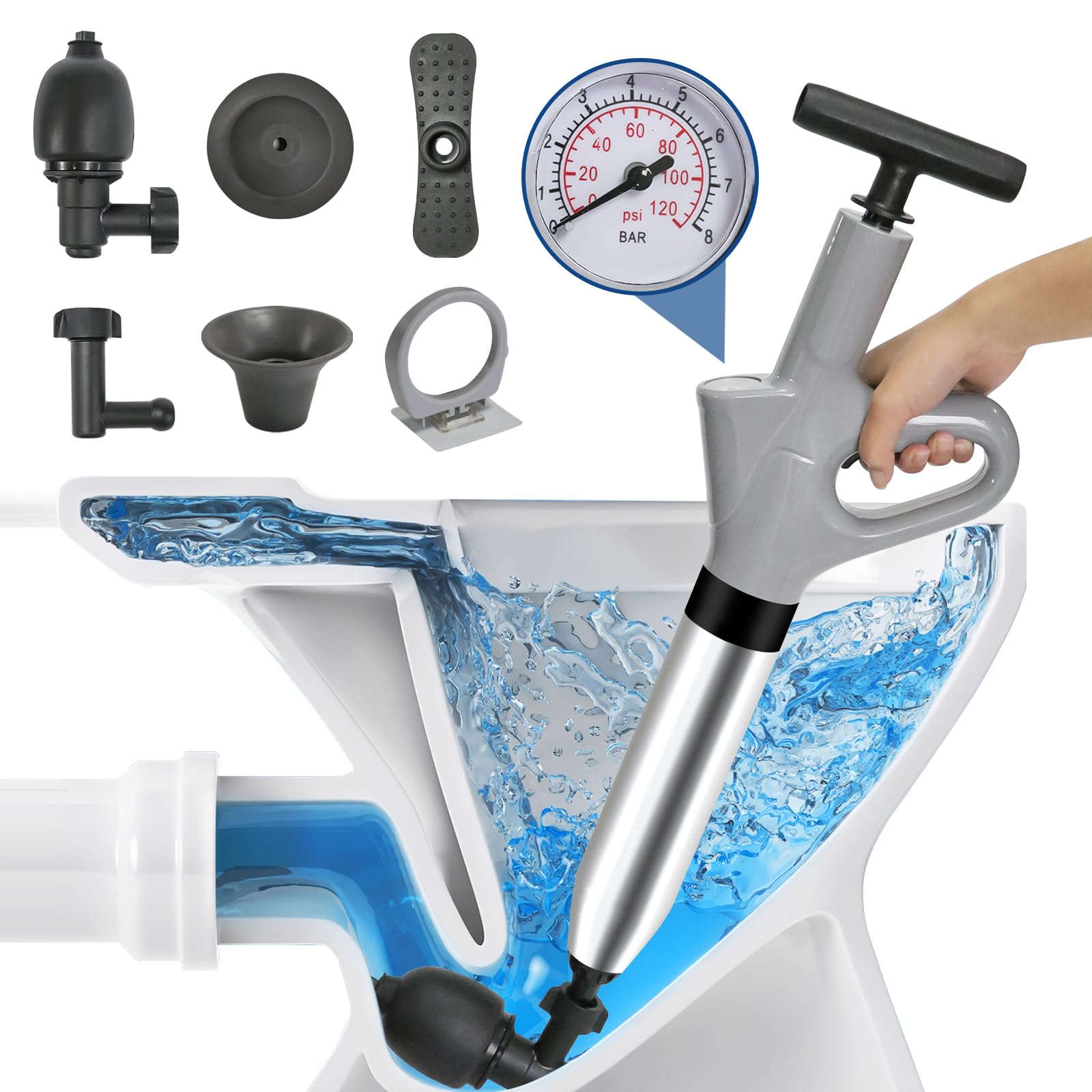 Toilet Plunger Clog Remover, High-Pressure Toilet Plunger for Clogged Toilet with Real-Time Barometer Plunge Blaster Multi-Drain Unclogger for Bathroom, Sink, Floor, Kitchen Clogged