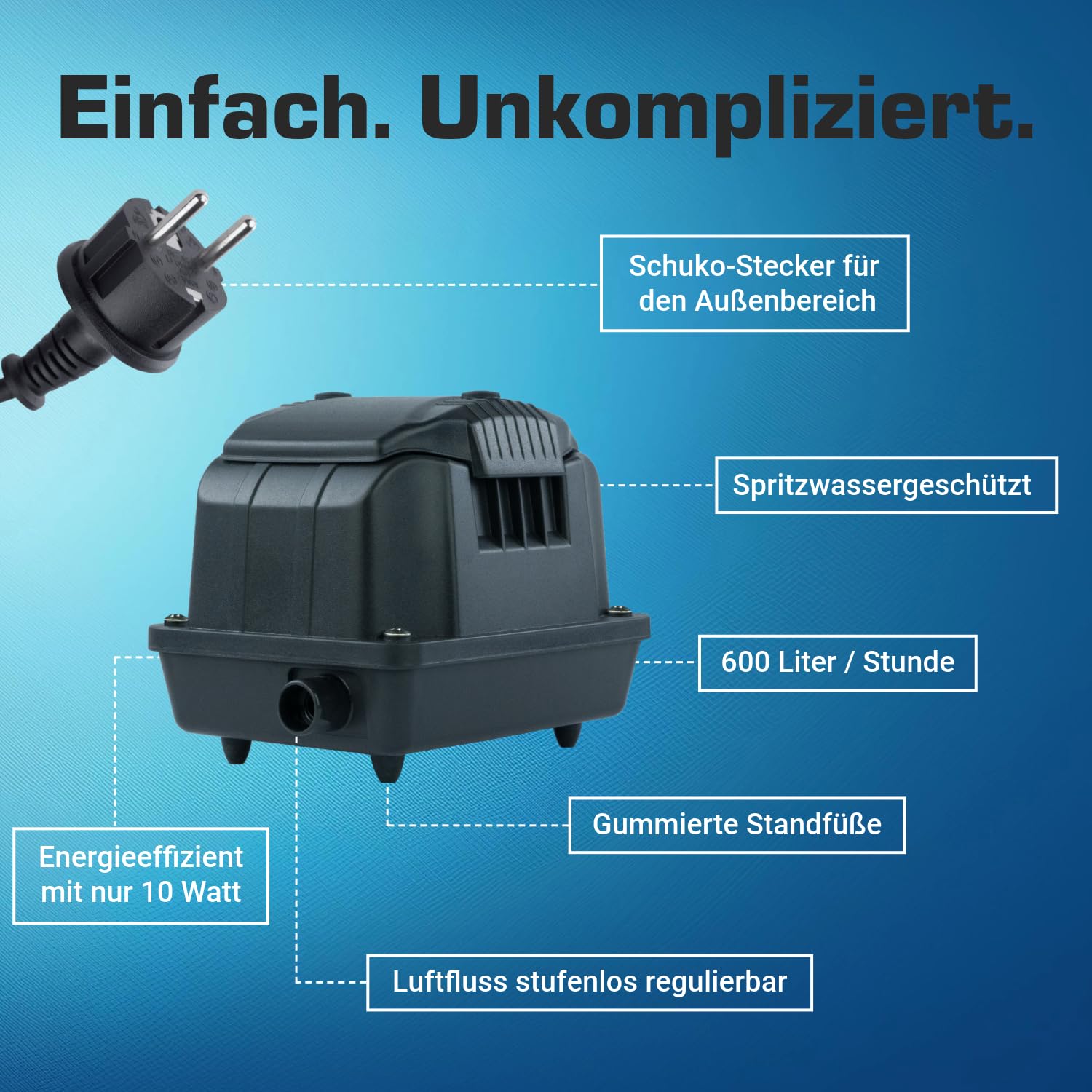 Teichbelüfter 600 L/H stufenlos regulierbar, 10 Watt Sauerstoffpumpe für Teich, Membranpumpe 10 L/Min, Teichbelüftung, Luftpumpe Teich, Belüfterpumpe für Gartenteiche, Teichbelüftungspumpe