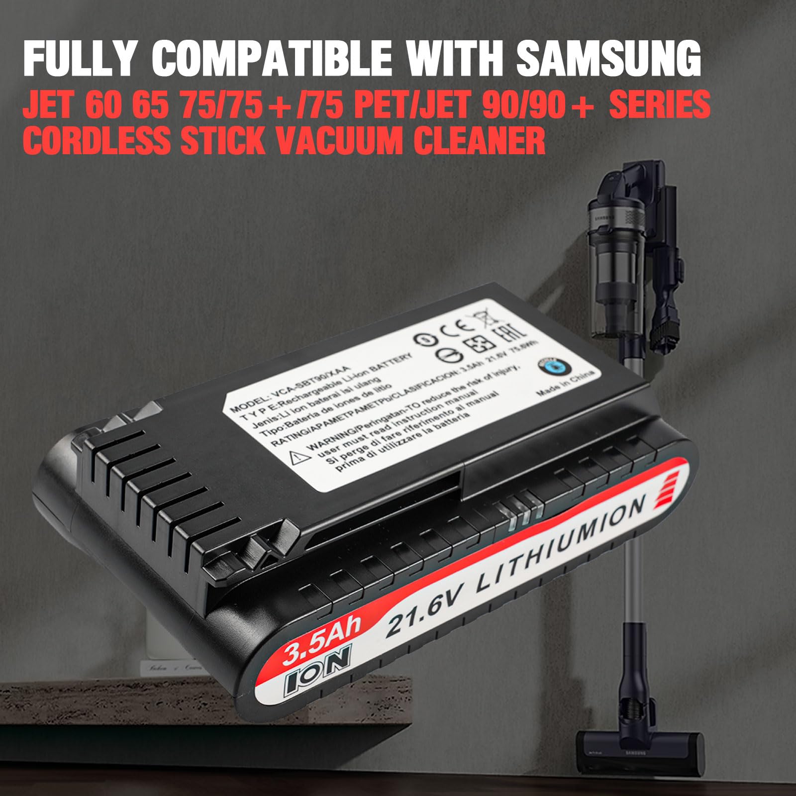 VCA-SBT90/XAA Batteria per Samsung Jet 75 Batteria, compatibile con Samsung Jet 75/75+/75 Pet/Jet 90/90+, VS20R9046T3/AA VS20T7536T5/AA 3500mAh