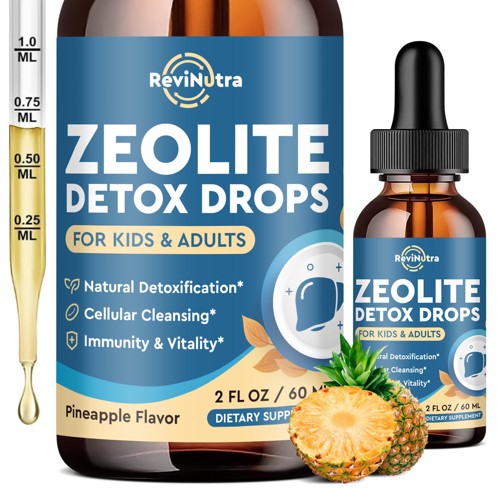 Zeolite Detox for Kids and Adults, Zeolite Clinoptilolite Liquid Drops with Chlorella, Magnesium, Zinc, Methy Vitamin B12 & D3, Gut Liver Detox Cleanse, Immunity, Pineapple Flavor 2 Fl Oz