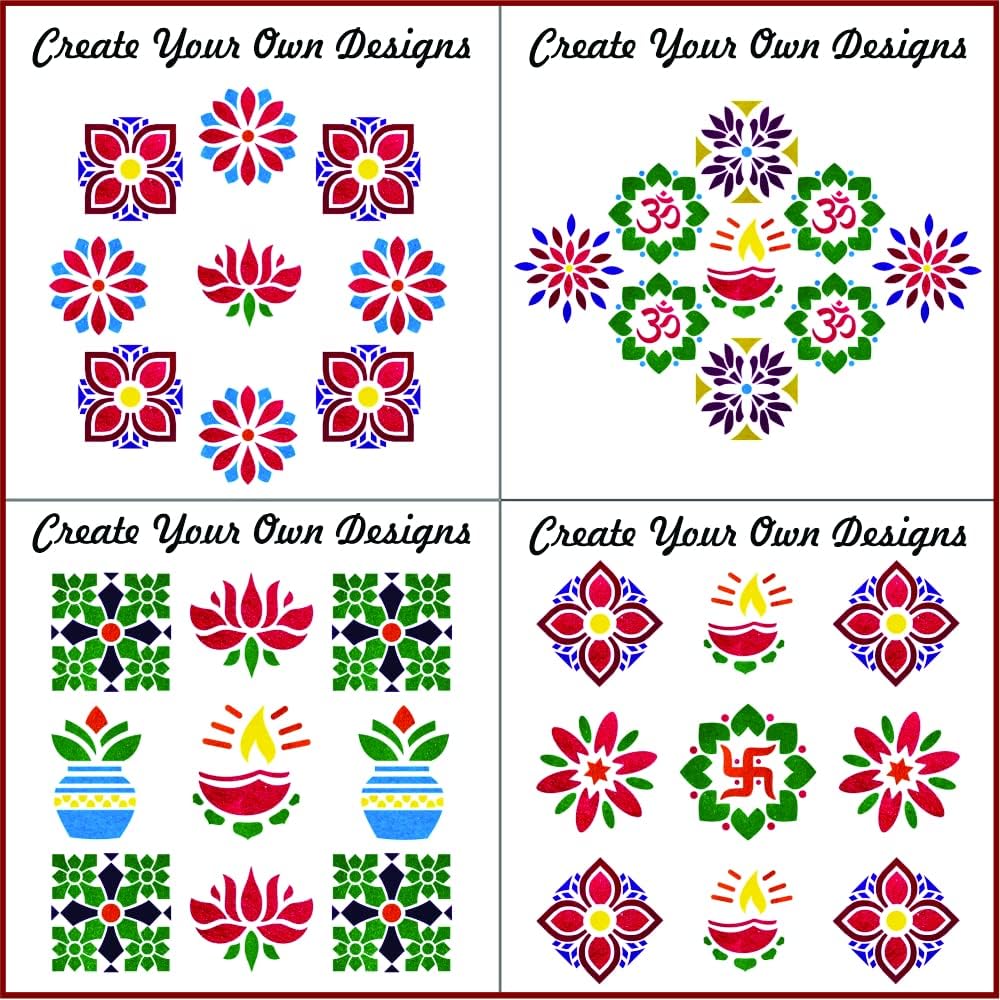 KIDLI Diwali Rangoli Stencil Designs Set of 8 Pieces 4x4 Inch, MDF Rangoli Making Tools for Home Floor Decor, Navratri Festival Decoration, (SM36) 2
