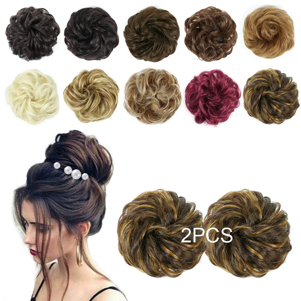 2PCS Messy Hair Bun Extensions Curly Wavy Messy Synthetic Chignon Hairpiece Scrunchie Scrunchy Updo Wig Hairpiece for Women Girls