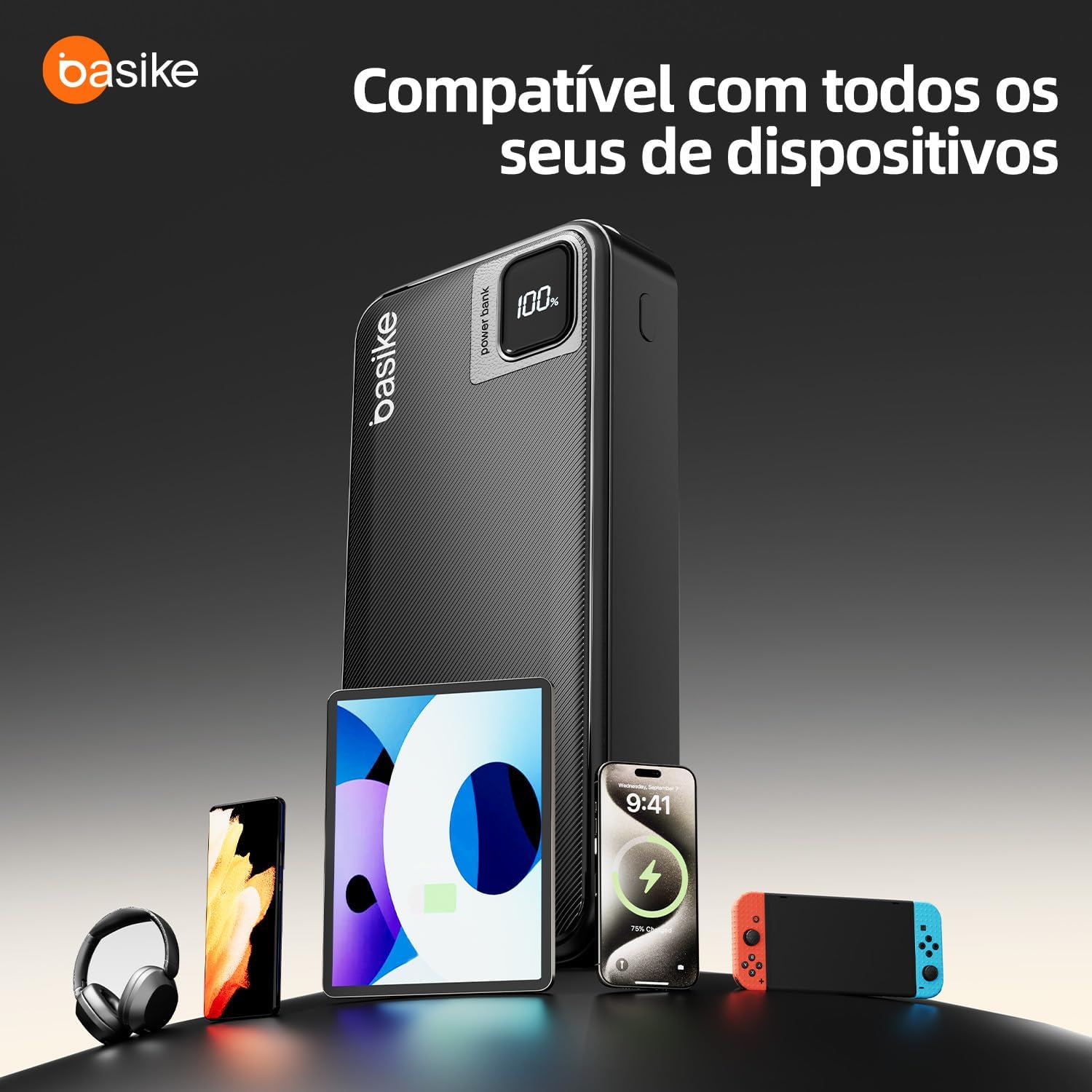 Basike Power Bank, Carregador Portátil Universal 20000mAh, USB-A(até 22.5W)+USB-C(até PD20W), com 2 Cabos Integrados (USB-C, Lightning) Carregamento Rápido, Led Indicador de Bateria (Preto)