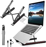 Laptop Stand with USB、Type C and RGB Lights, Aluminum Adjustable Foldable Laptop Stand for Desk, Ergonomic Portable Laptop Riser Holder Compatible with Laptops and iPad 10-15.6", Silver