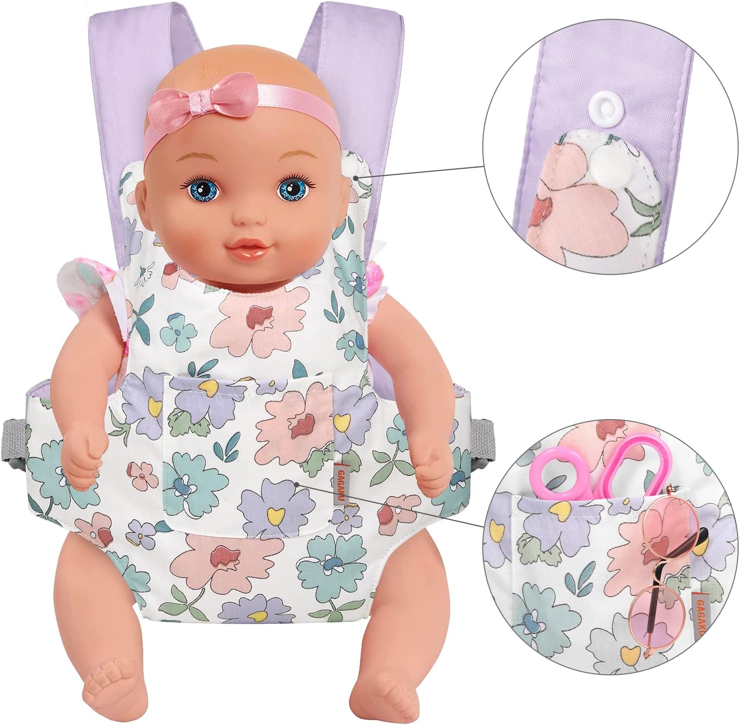 GAGAKU Baby Doll Carrier for Kids, Stuffed Animal Carrier Reborn Baby Carrier with Adjustable Straps, Baby Doll Accessories - Purple (Flowers)
