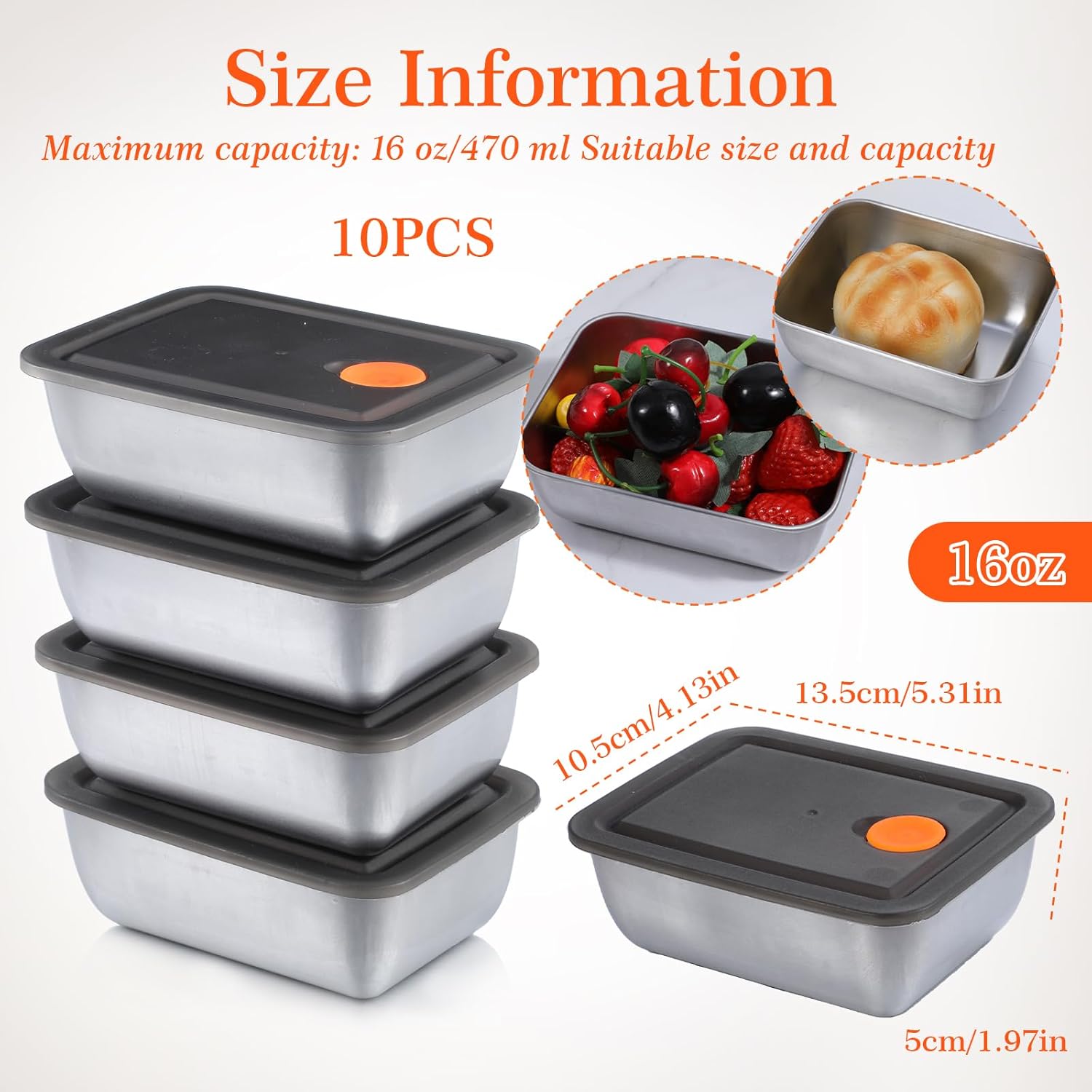 Yolev 10 Pcs Metal Small Food Containers 16oz with Leak-Proof Lids Reusable Meal Stainless Steel Prep Container Lunch Box Stackable Food Storage Containers Dishwasher for Snacks Fruits On-The-Go - Image 2