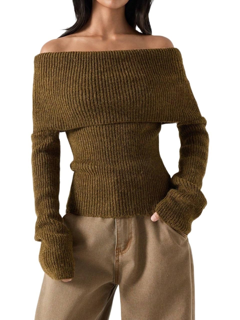 Womens Pullover Sweater Womens Solid Color Off-Shoulder Long Sleeve Sweater Autumn Winter