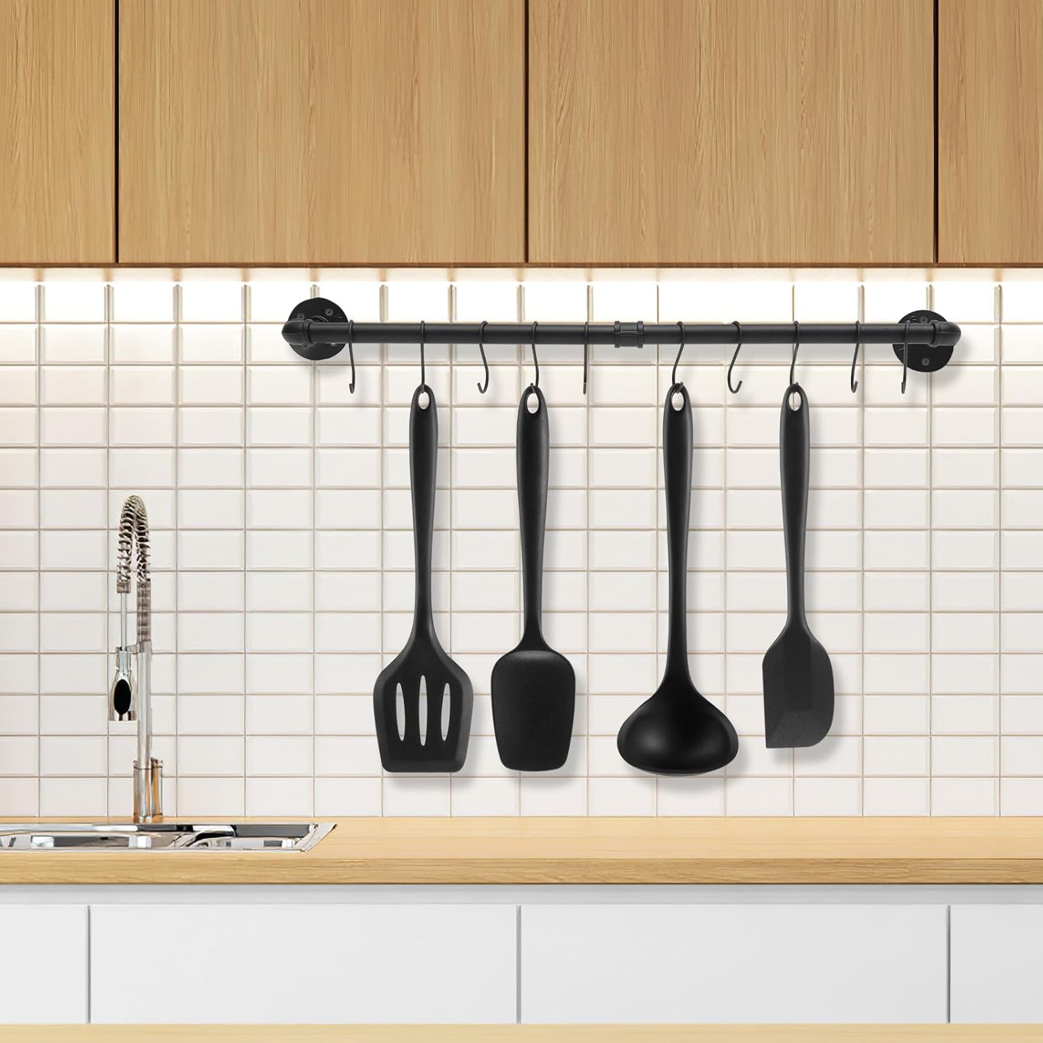 Wall Mounted Metal Pot Rack with Hooks 13x80cm Industrial Kitchen Utensil Holder and Pan Hanger for Cookware Storage and Organization