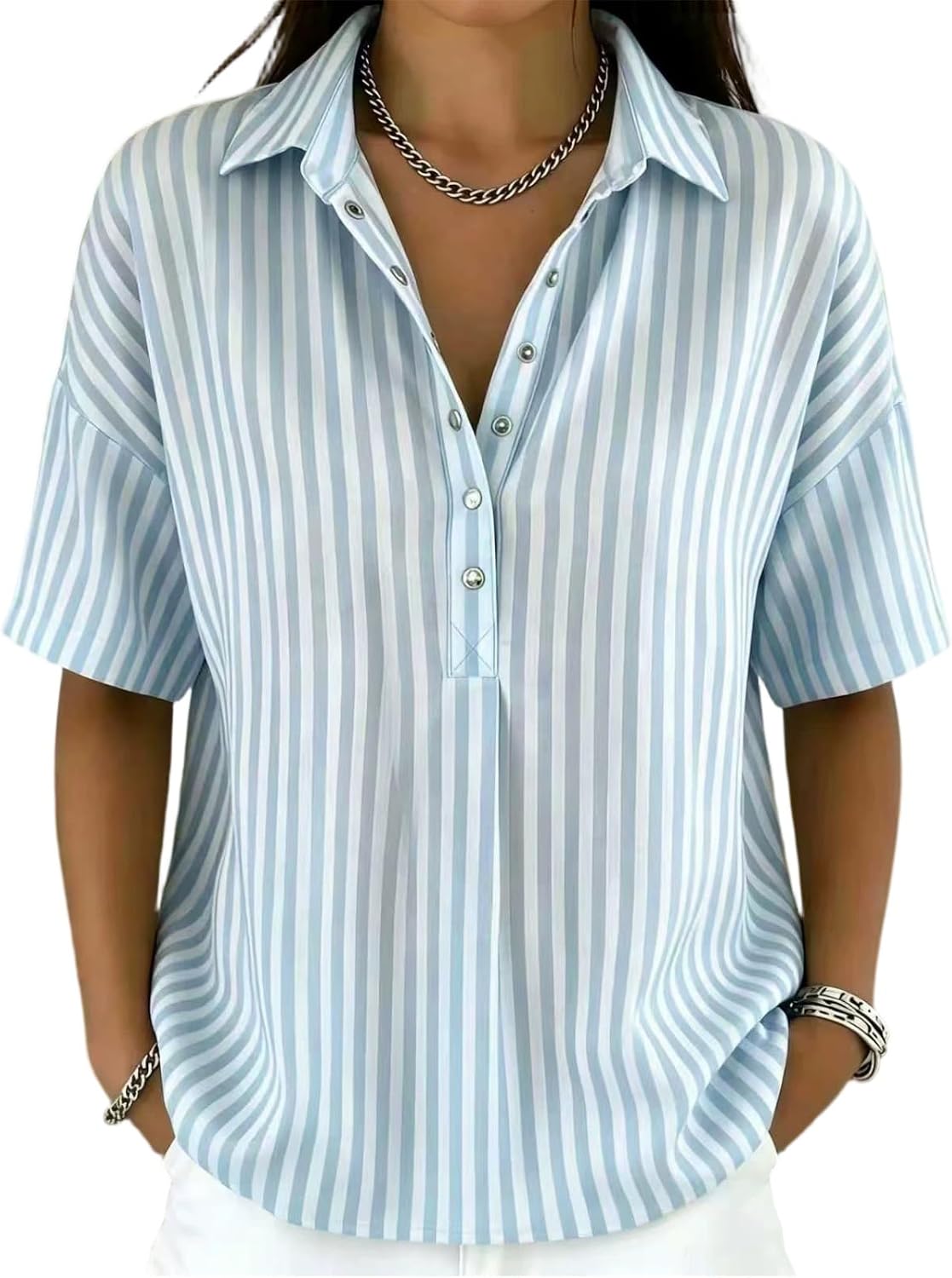 Womens Cotton Linen Striped Button Down Shirt - 2026 Summer Gauze Collared V Neck Half Sleeve Blouse Dressy Work Top