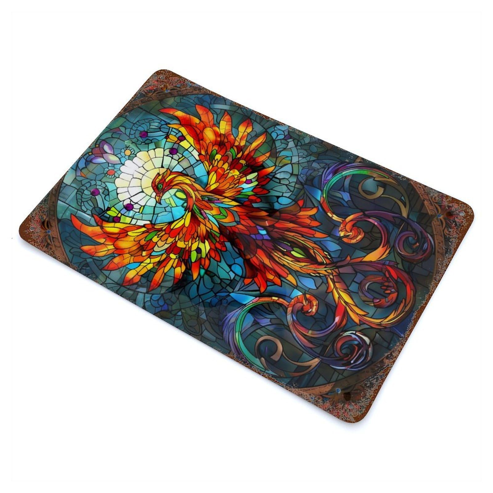 Phoenix Stained Glass Rust Effect Tin Sign 11.8"x7.9", Ideal for Cafe, Home Bar And Lounge Decor