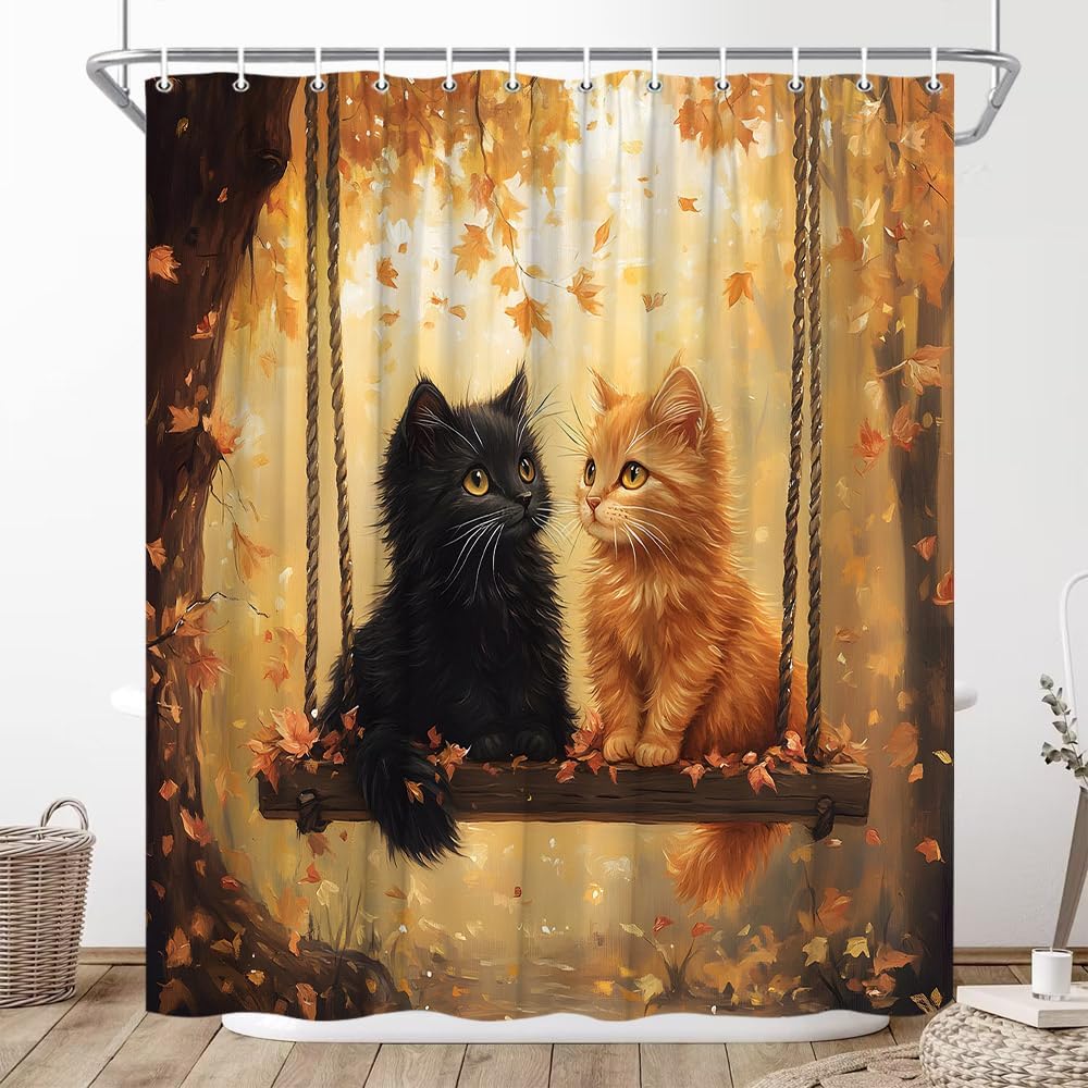 Fall Cat Shower Curtain Cute Kitten Yellow Orange Maple Leaves Falling Leaf Autumn Funny Animal Rustic Farmhouse Thanksgiving Harvest Forest Bathroom Decor Curtains 90x70 inch with Hook