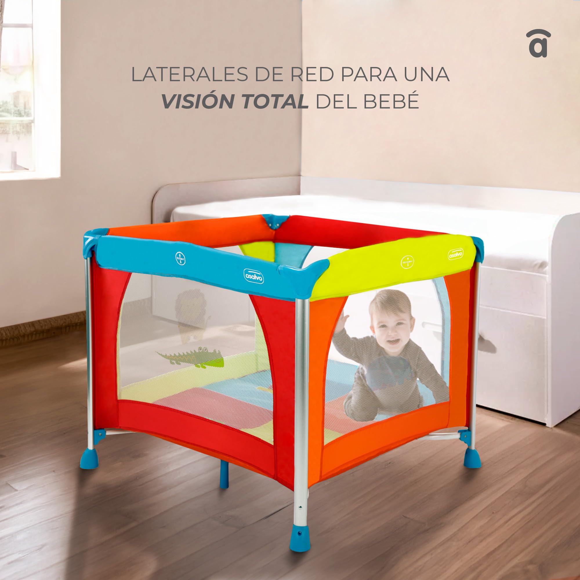 Parque Infantil ALUMINIUM 96x96 cm - Plegable, con Suelo Acolchado, Patas de Aluminio, Malla Transpirable y Bolsa de Transporte, Centro de Juegos Seguro para Bebés - Jungla de Colores Asalvo