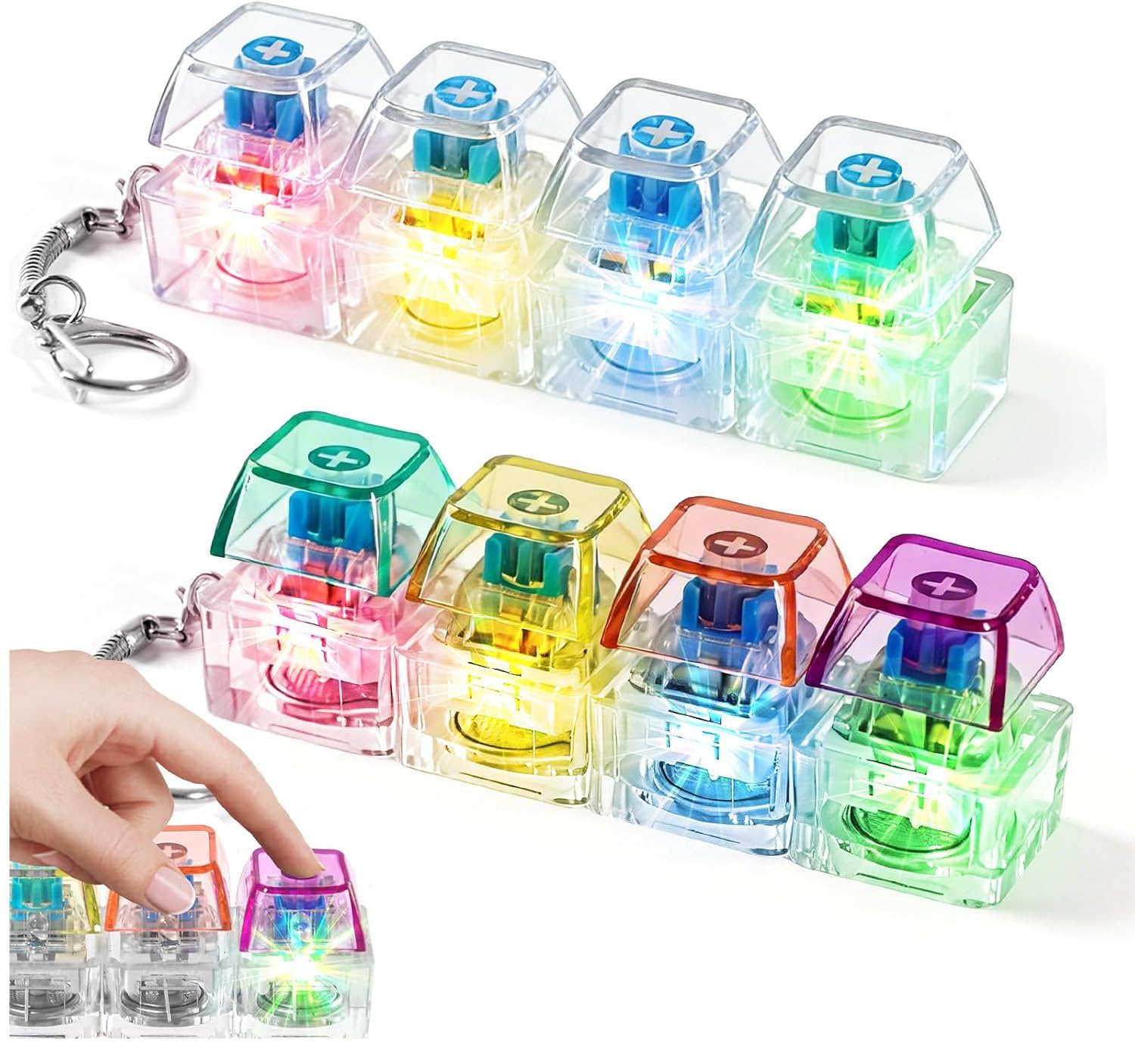 2Pcs Keyboard Fidget Toy Light Up Clicky Fidget Toys for Adults Kids Mini Fidget Keyboard with LED Keychain 4 Buttons Stress Relief Decompression Toy for Office School Travel Gifts
