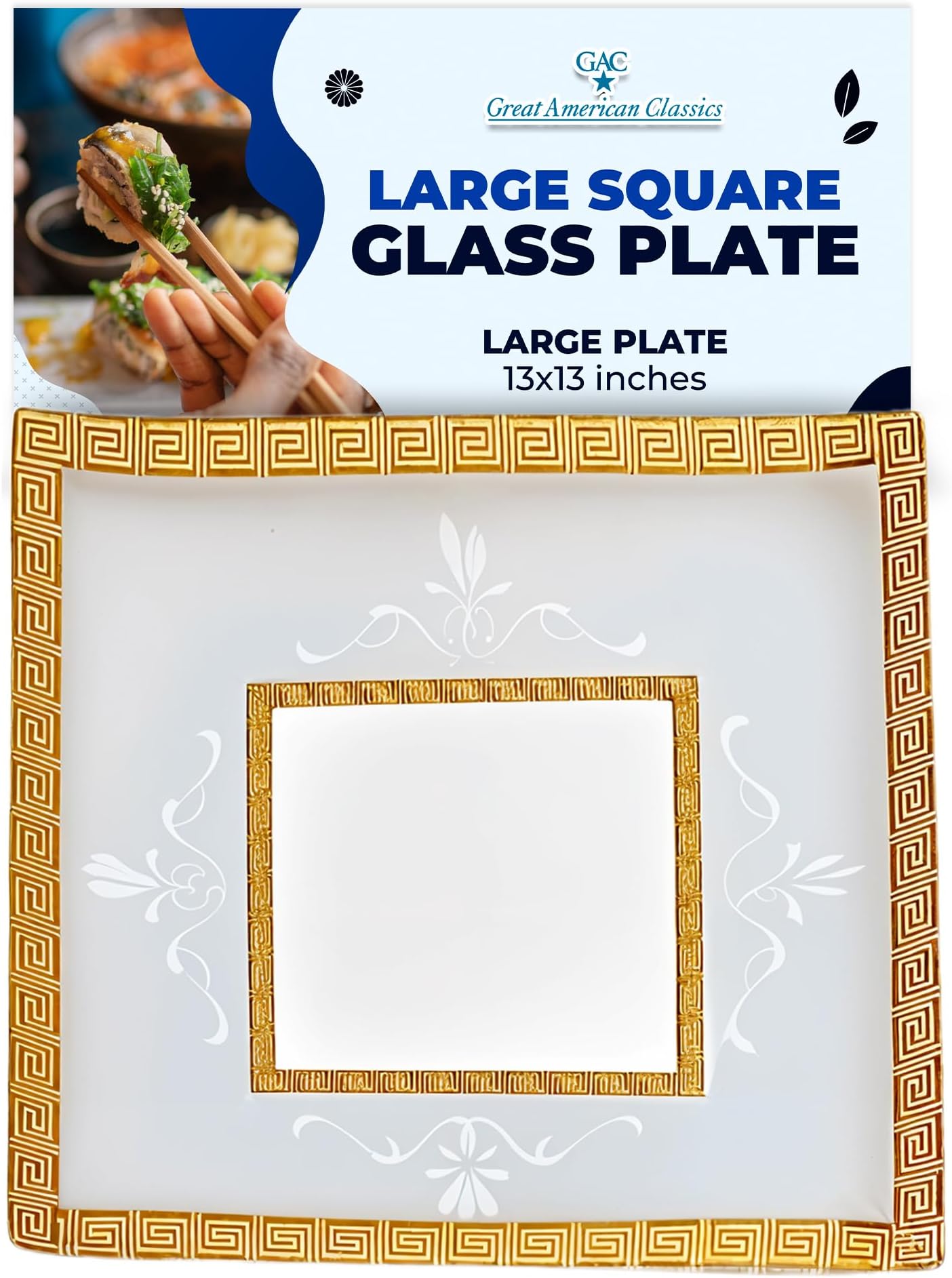 Square Tempered Glass Serving Tray – 13-Inch Decorative Platter with Gold Trim, Durable, Microwave Oven & Dishwasher Safe Food Tray for Serving Dishes, Snacks & Desserts, Ideal Gift for Mothers