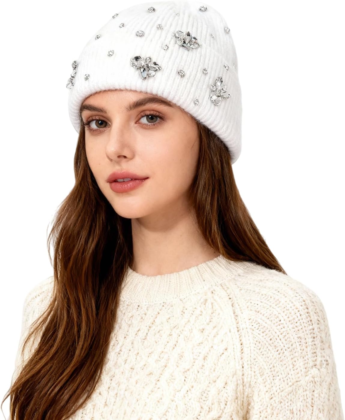 BOLLEY JOSS Womens Winter Beanies Sparkle Crystal Rhinestone Cuffed Knitted Beanie Hats