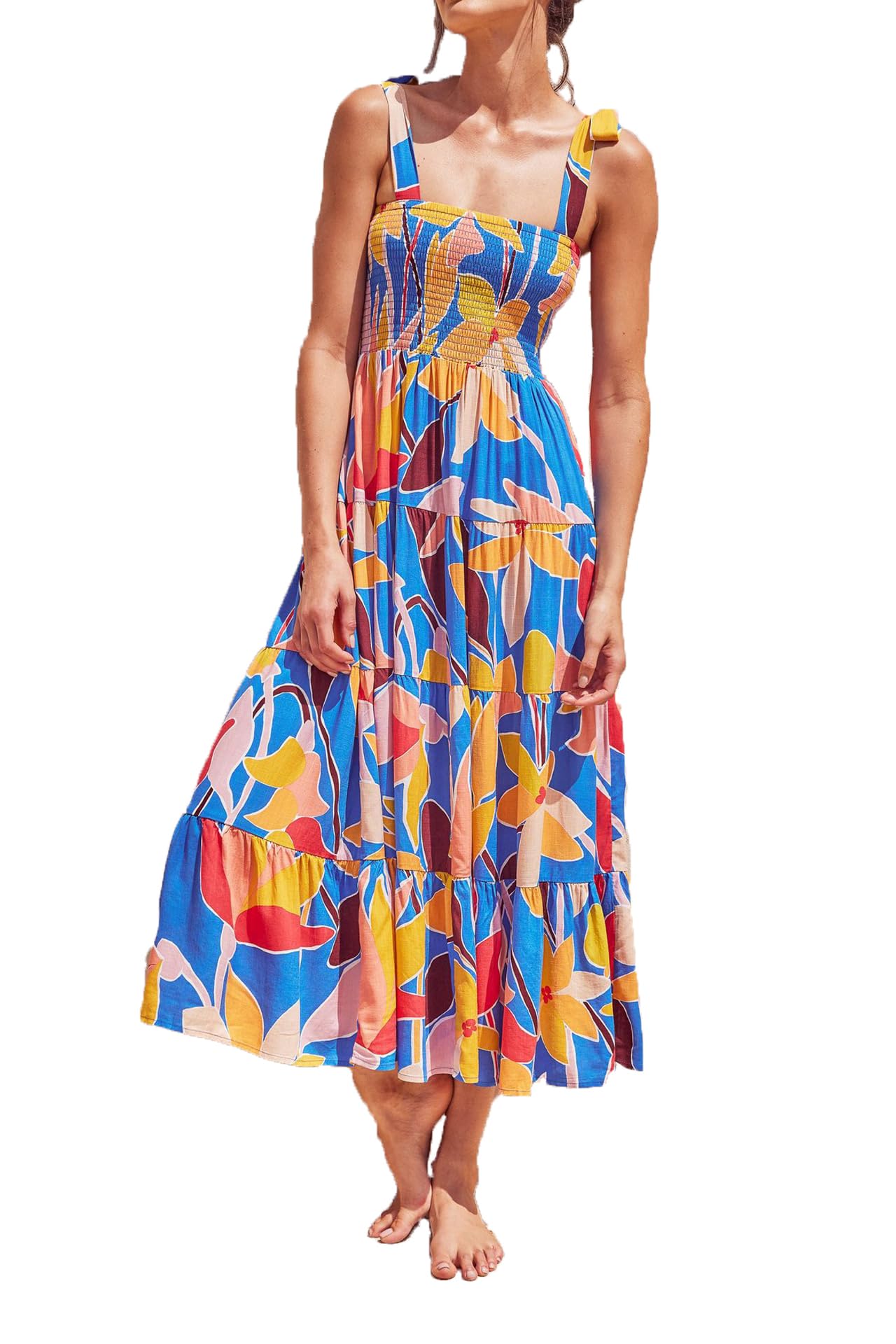EIRUKON Vestido Mujer Verano Midi sin Mangas Elegante Boho Playa Impreso Cuello Cuadrado Casual Maxi Vestidos Largos