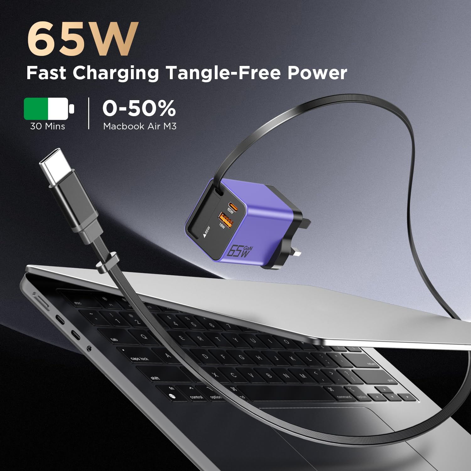 USB C Charger 65W GaN 3-Port Fast Charging Plug Built-in Retractable Cable (0.7m), Compatible with MacBook Pro/Air, iPhone 17 Pro/Air/16/15, iPad, Galaxy S25/S24, Steam Deck, etc - 3