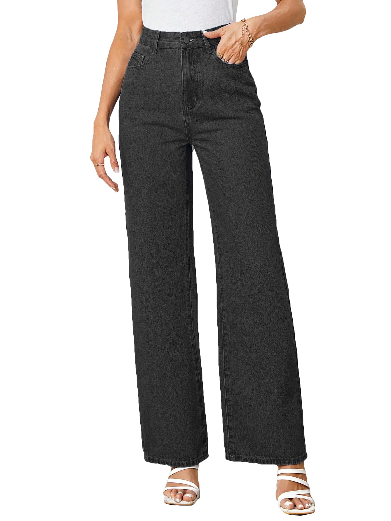 dockstreet Mid Rise, Wide Leg, Light wash, Baggy fit, Korean Style Jeans for Women with Buttoned closureMTHCHC2701JNSWidlegRizJNSDarkGrey 32||Jeans||-picture-14