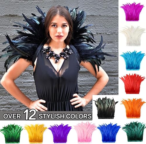 Miniatura 5 de Holmgren Borde de plumas de gallo rojo, 10-12 pulgadas, 2 yardas, plumas de gallo natural, ribete de flecos para manualidades de costura, chal de