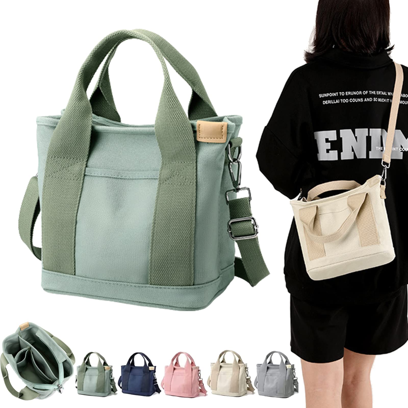 HWWGSH Misawa Shinichiro Bag, Japanese Handmade Large Capacity Multi-Pocket Handbag, Canvas Tote Bags for Women, Bento Pack, Lunchbox Bag, with Zipper (Green)