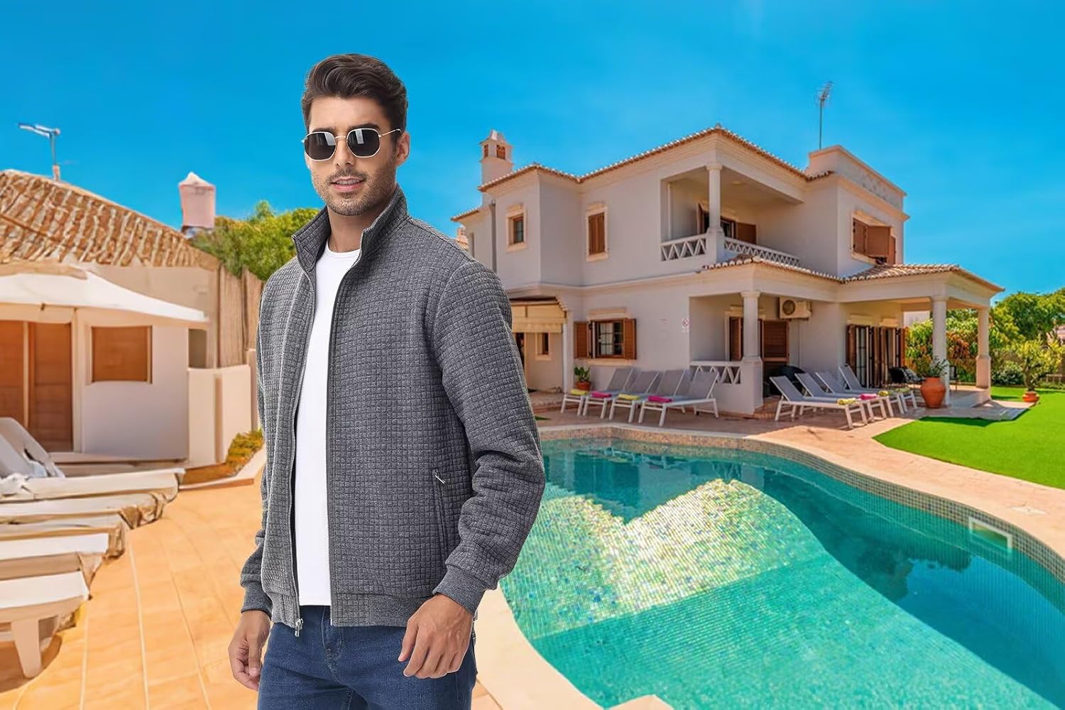 Satankud Men's Jacquard Waffle PlaidCloth Bright Metal Zipper Lightweight Jacket - Image 3