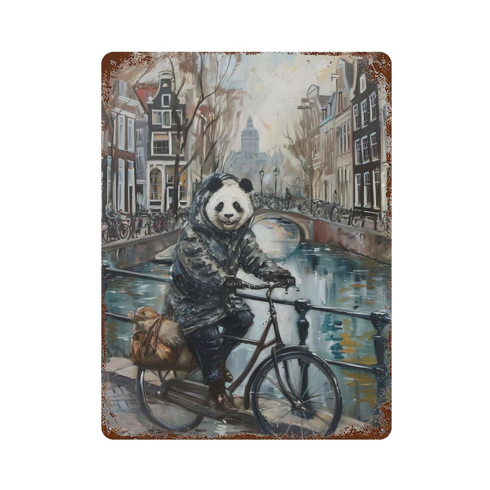 Panda Bicycle Amsterdam Vintage Rust Metal Sign 15.7"x11.8", Shabby Chic Decor for Living Room, Hallway And Home Decor