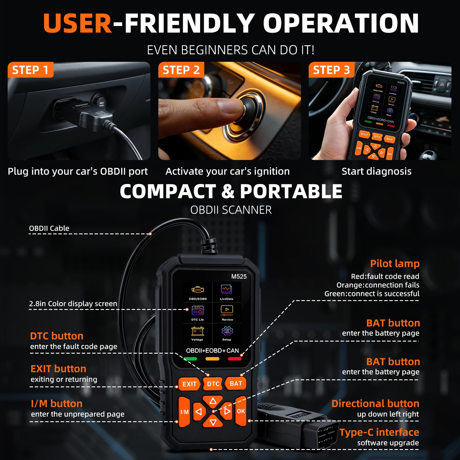 OBD2 Auto Diagnostica, Diagnostico OBD2 Italiano Errore Motore Auto OBDII EOBD Diagnosi Test Batteria ed Emissioni I/M Readiness Auto con Funzioni-OBD2, 13 Lingue Supportate Per tutti i Veicoli OBDII