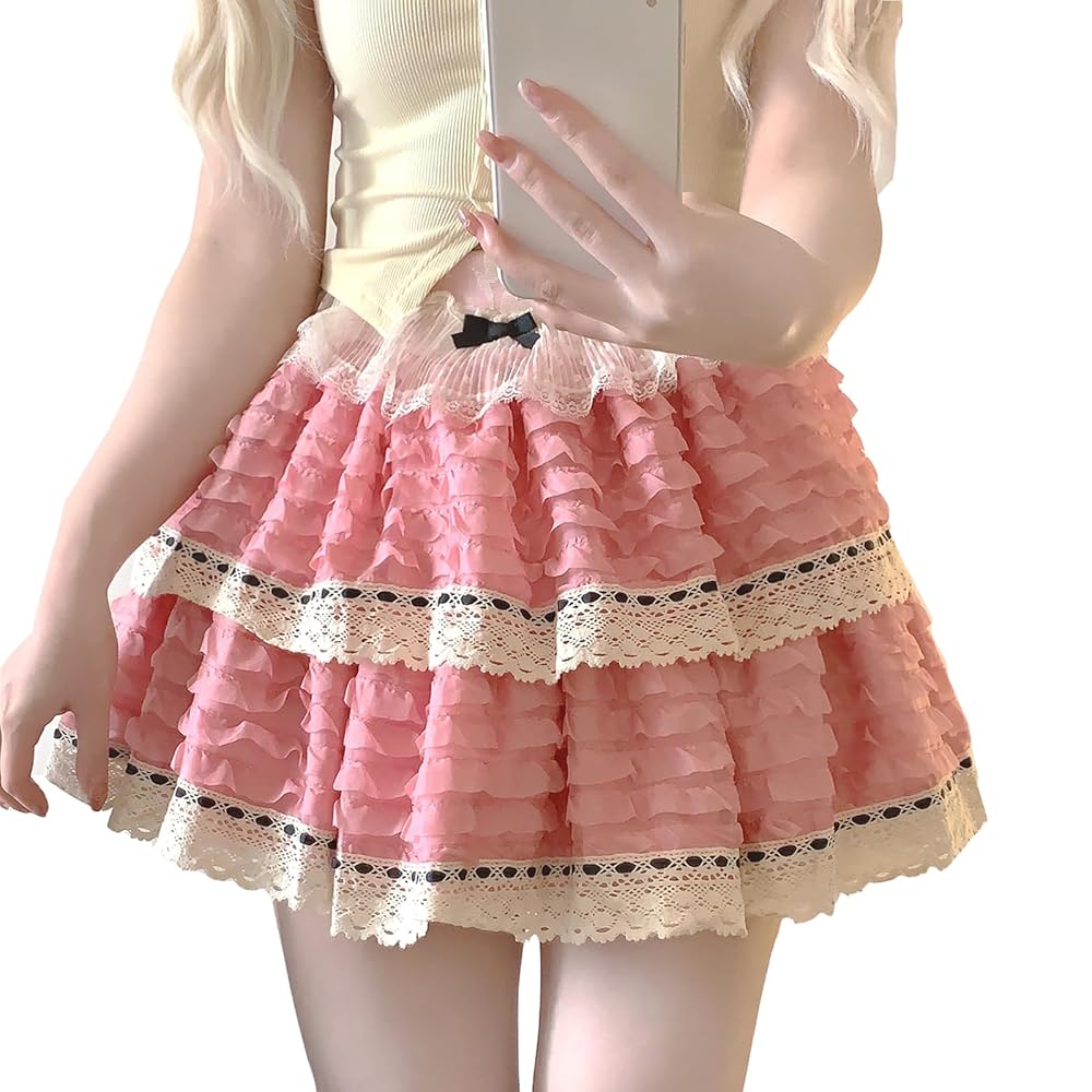 アジアンガーリーモード ハンドメイド レーステープ装飾 ティアードフリルスカート チェック×レースティアードフリルスカート | Romantic Standard
