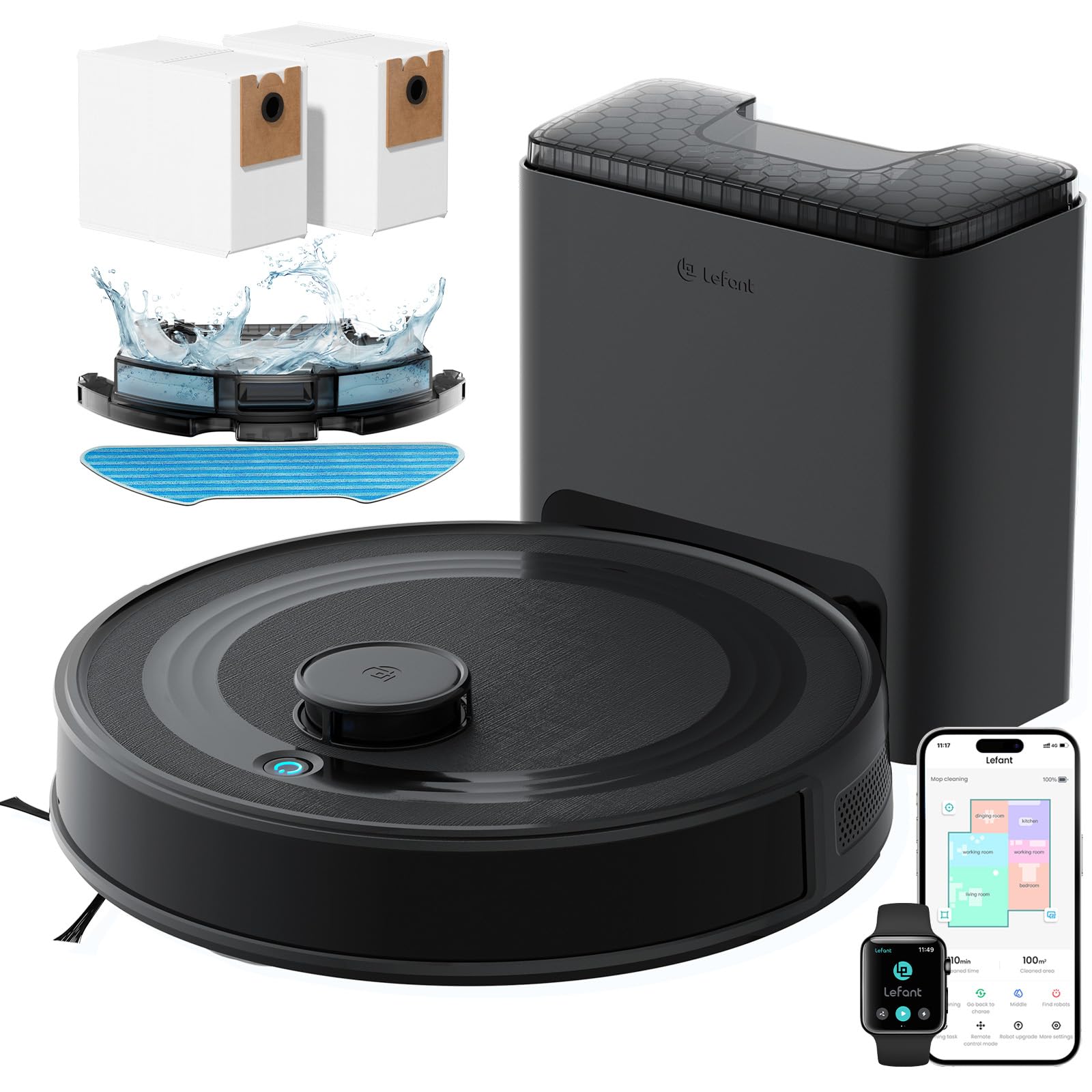 LEFANT M2 Plus Robot Aspirapolvere Lavapavimenti 3-in-1 con Stazione di Raccolta 2,2L, Navigazione Laser dToF + PSD, 6000Pa, Pulizia Personalizzata, WiFi/App/Alexa