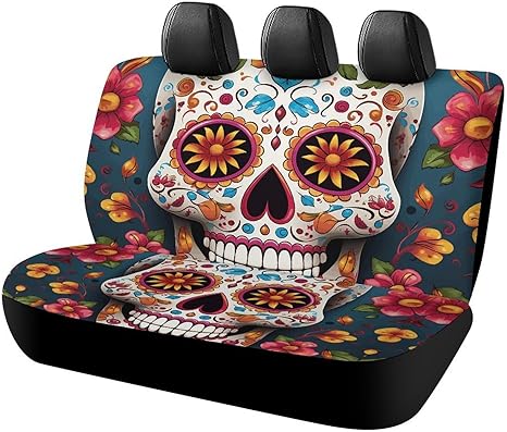 Car Seat Cover Comfortable Breathable Universal Rear Seat Covers for Cars Colorful Sugar Skull Back Seat Protector Thick Cars Seat Cushion Car Interior Cover Fit for Truck Vans SUV