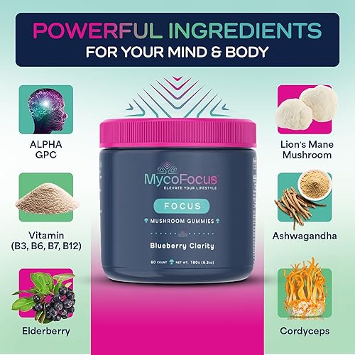 Miniatura 3 de Clarity and Focus - Gomitas de hongos, potente suplemento cerebral con melena de león, Cordyceps y Ashwagandha para la memoria, el alivio del estrés