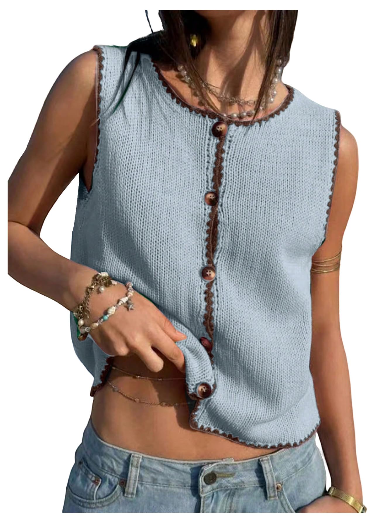 GORGLITTER Womens Button Up Cropped Sweater Vest Vintage Sleeveless Colorful Knit Cardigan Tops