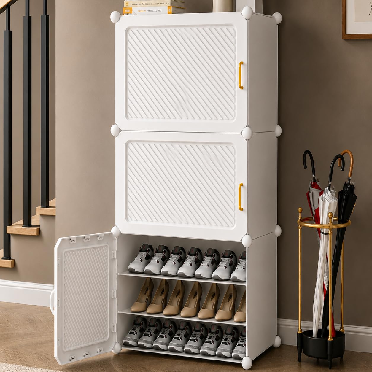 Exvito Plastic Shoe Rack for Home with Door, 3-Door Shoe Storage Cabinet | 9-Shelfs for 18 Pairs | Waterproof & Portable DIY Shoe Slipper & Chappal Stand for Entryway/Bedroom - HV1_9