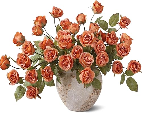 6 Pcs 28" Artificial Fall Rose Flowers Stems for Vase Decoration (Orange) | Fake Silk Flower Branches, Faux Rose Stems, for Table Centerpieces DIY Floral Arrangements Party Indoor Home Autumn Decor