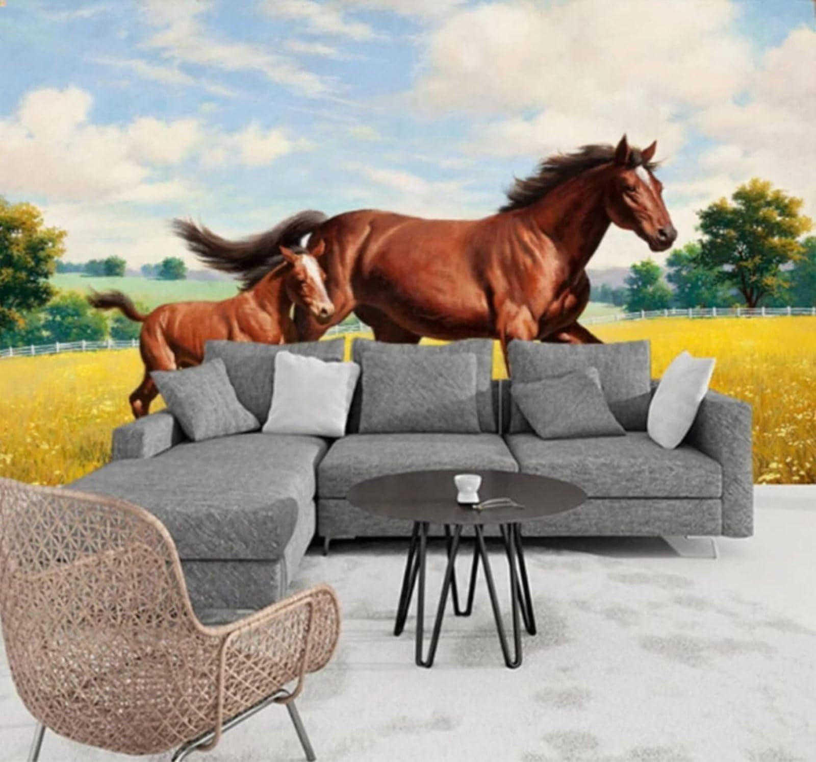 Xlming 300Cm×210Cm(B×H) Three Dimensional Grassland Brown Horse Landscape 3D Wallpaper Luxury Home Dining Decor Paste Sofa Living Room The Wall For Bedroom Mural-300Cm×210Cm