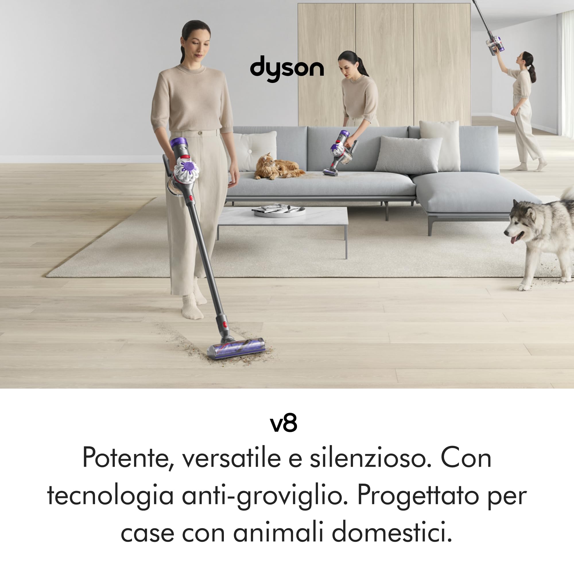 Dyson V8 Advanced™ Aspirapolvere senza filo – 130 AW, 40 minuti di autonomia, Spazzola Motorbar anti groviglio, accessori combinati, stazione di ricarica a muro, Argento/Nichel