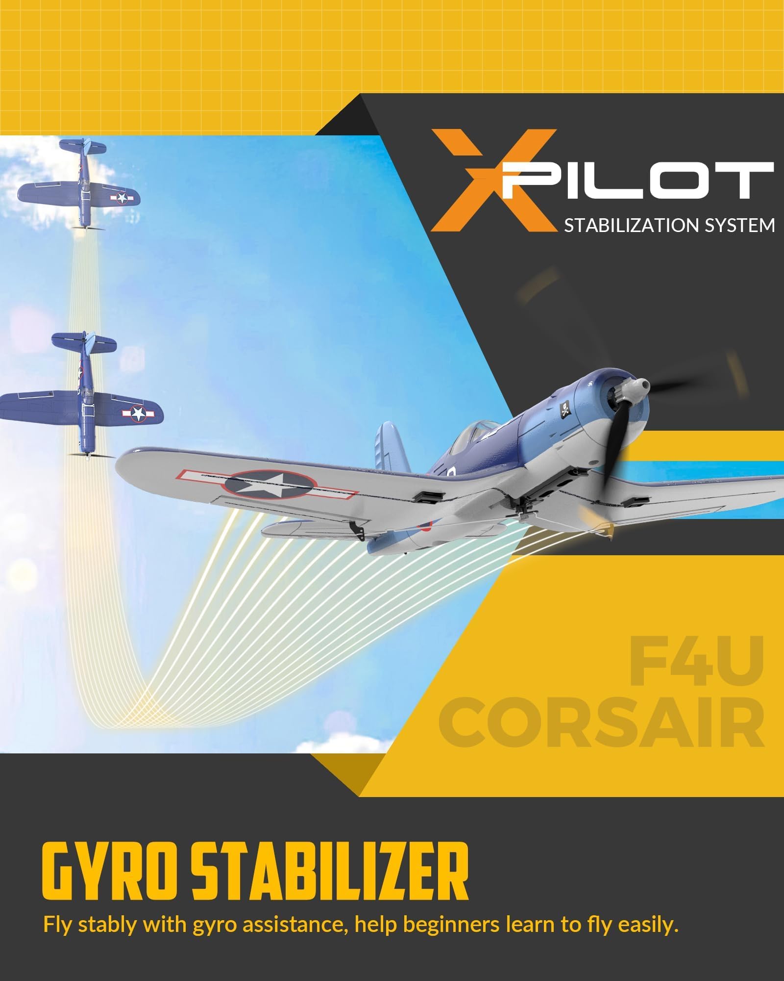 volantexrc Aereo radiocomandato per principianti, 4CH F4U RTF con 2 batterie e stabilizzazione Xpilot, aerobatico a chiave singola, 2,4 Ghz WWII RC aereo per adulti (76108)