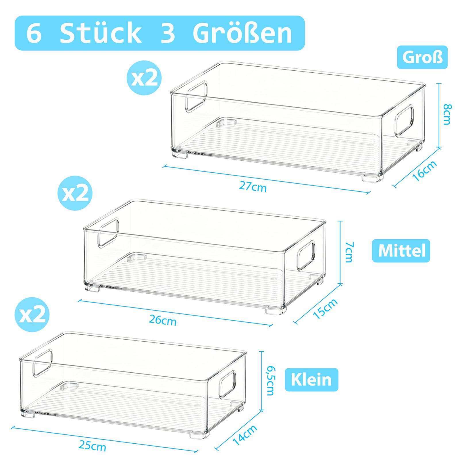 Famhap Kühlschrank Organizer Stapelbar 6 Stück | PET-Material, 3 Größen, Transparent Griffig, Rutschfest & Platzsparend für Küche Speisekammer Bad Büro