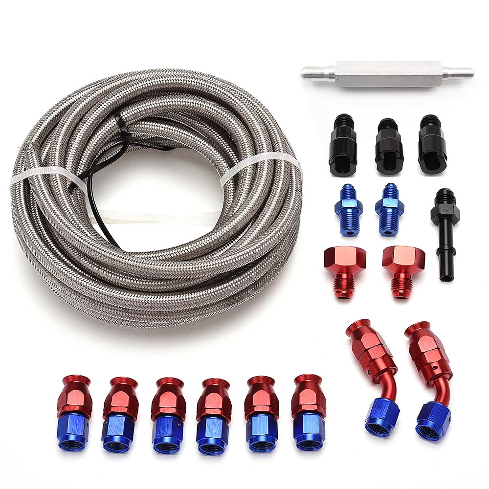 RJSPHH 25FT 6AN 3/8" Fuel Injection line Hose Fitting Kit Braided Stainless Steel Oil Gas CPE Silver with AN6 Hose Fitting Kit