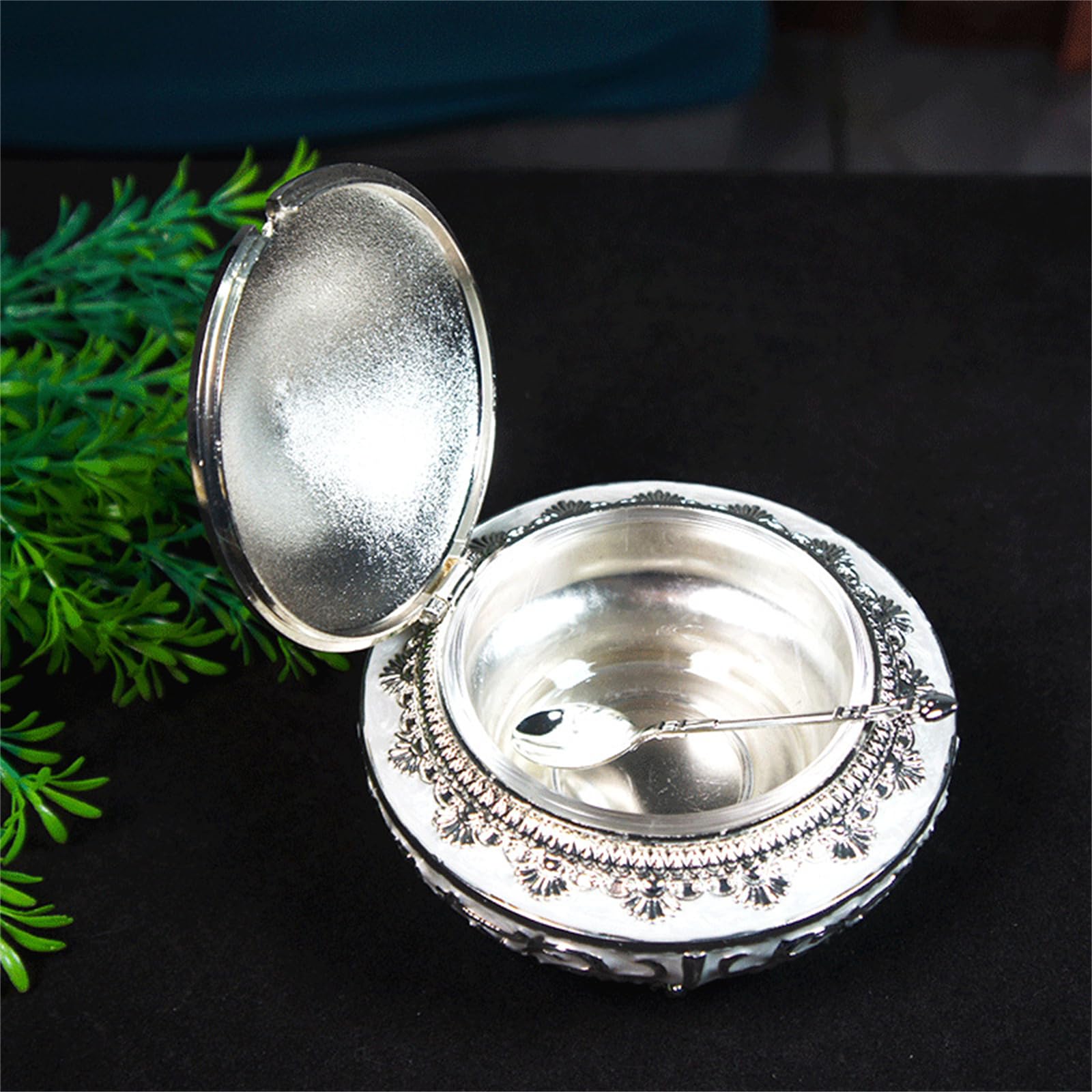 Anspruchsvolle Legierung Zuckerbecher mit Pfauendeckel und Löffel, Restaurant, Küche, Gewürzflasche, Heimdekoration, Zubehör, elegante Metall-Zuckerbecher