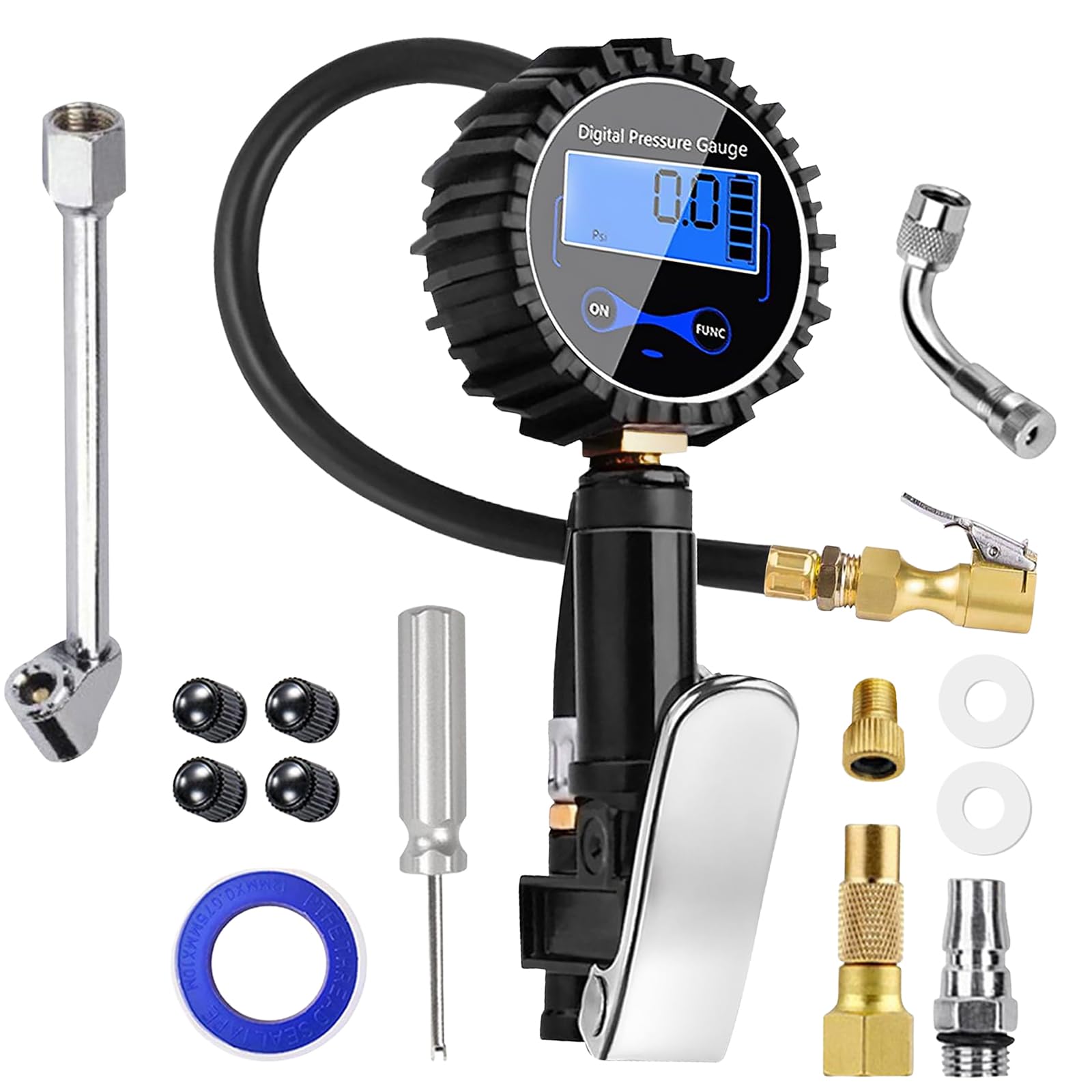 Set di 200 PSI, misuratore di pressione pneumatici, multifunzione, misuratore di pressione pneumatici, calibrato, gonfiatore per pneumatici con diversi pezzi di ricambio, valvola nucleo per auto e