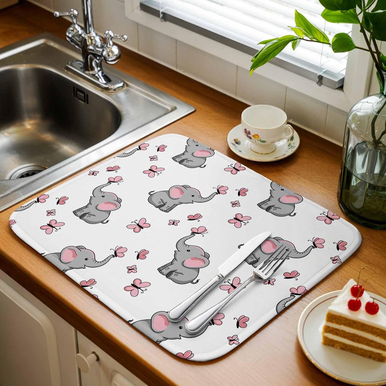 Cartoons Little Elephants Dish Drying Mats for Kitchen Counter,Absorbent Microfiber Dish Drainer Rack Mat Modern Pink Butterflies Drying Pad for Sinks,Utensils,Countertops,18x24in