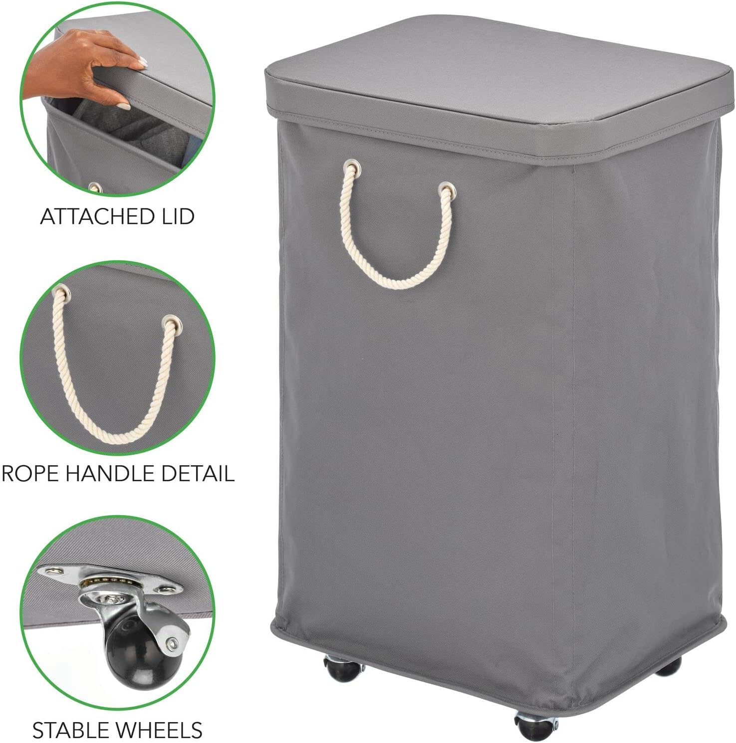 mDesign Large Polyester Rolling Laundry Hamper with Wheels, Removable Lid, and Rope Carrying Handles, Collapsible Hampers with Wheels for Compact Storage, Tall Single Compartment Basket, Charcoal Gray