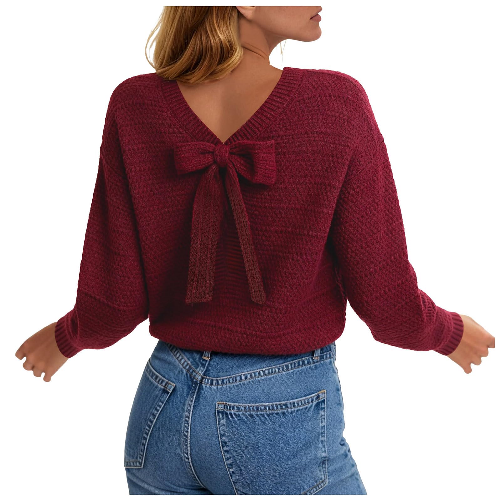 Womens Fall Round Neck Long Sleeve Sweater Backless Back Bow Knot Chunky Ribbed Knit Sexy Pullover Tops