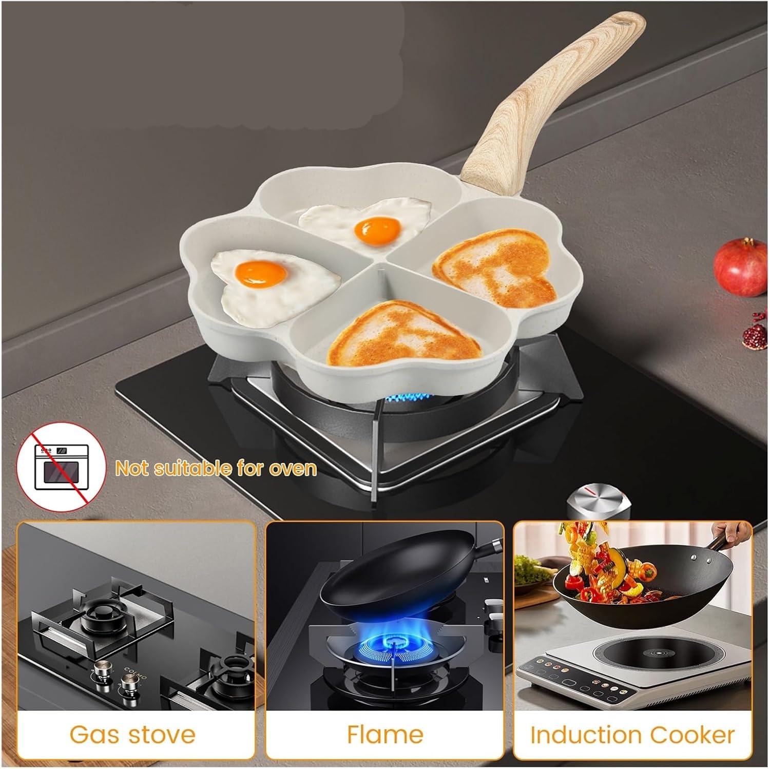 Egg Frying Pan 4-Cup Heart Omelette Pans Non-Stick Skillet Aluminum Alloy Cooker For Gas Stove Induction Cookware(BlacK)