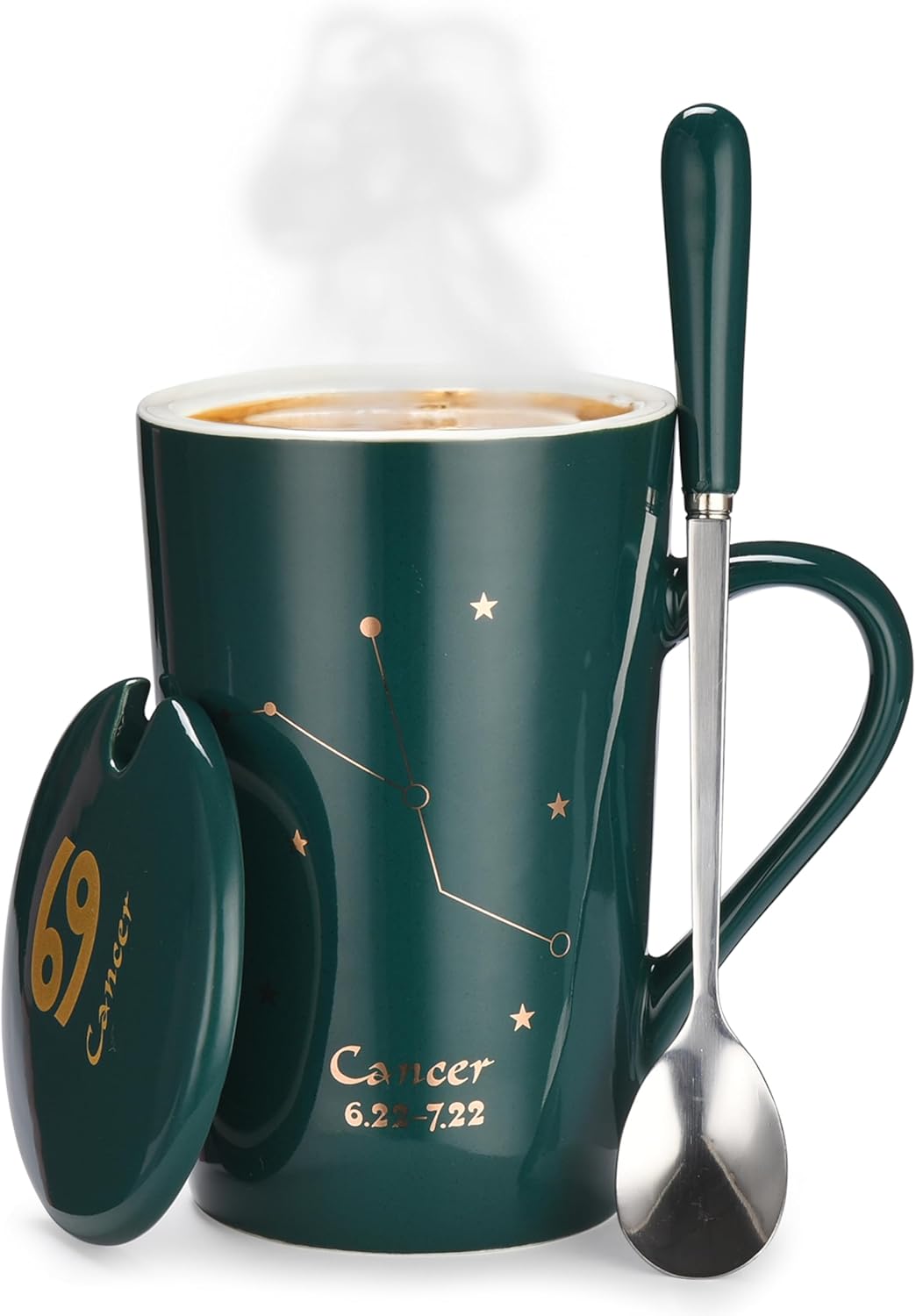 Bruntmor Ceramic Coffee Mug with Constellation Design – Zodiac Sign Mug with Lid, Horoscope Coffee, Tea Cup – Comes in a Box & Spoon – Unique Birthday Astrology Lovers Gifts for Men and Women – Cancer