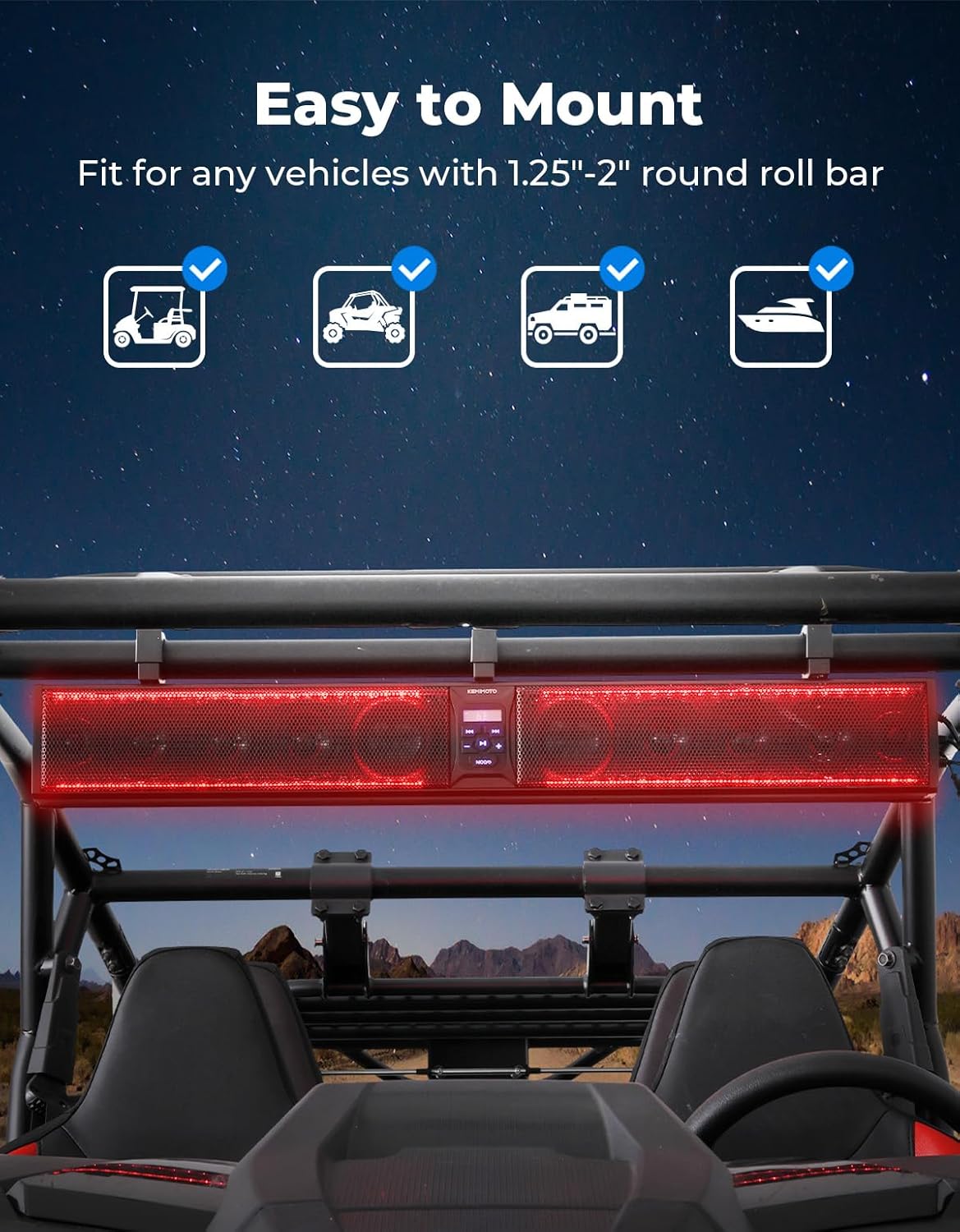 KEMIMOTO 39-inch 10 Speaker Aluminum UTV Sound Bar Waterproof Music Sync Multicolor Lights SxS Speakers Soundbar for UTV Golf Cart Marine with 1.25 in - 2 in Roll Bar