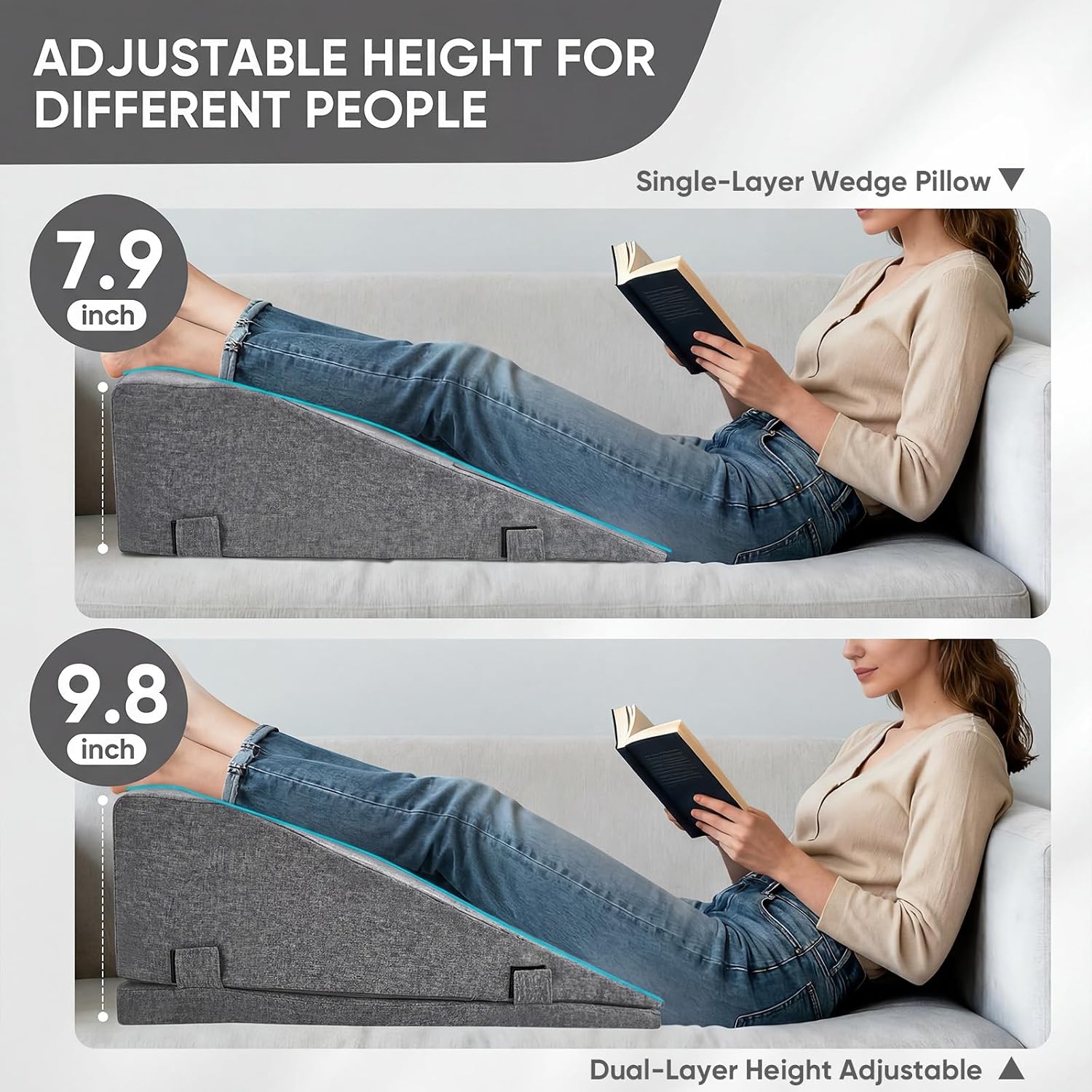 Leg Elevation Pillow for Post-Surgery Recovery, Adjustable Height | Natural Cotton-Linen Cover, 2 Height Settings, Non-Slip Base, Machine-Washable Cover, For Knee/Ankle/Foot Post-Op Recovery