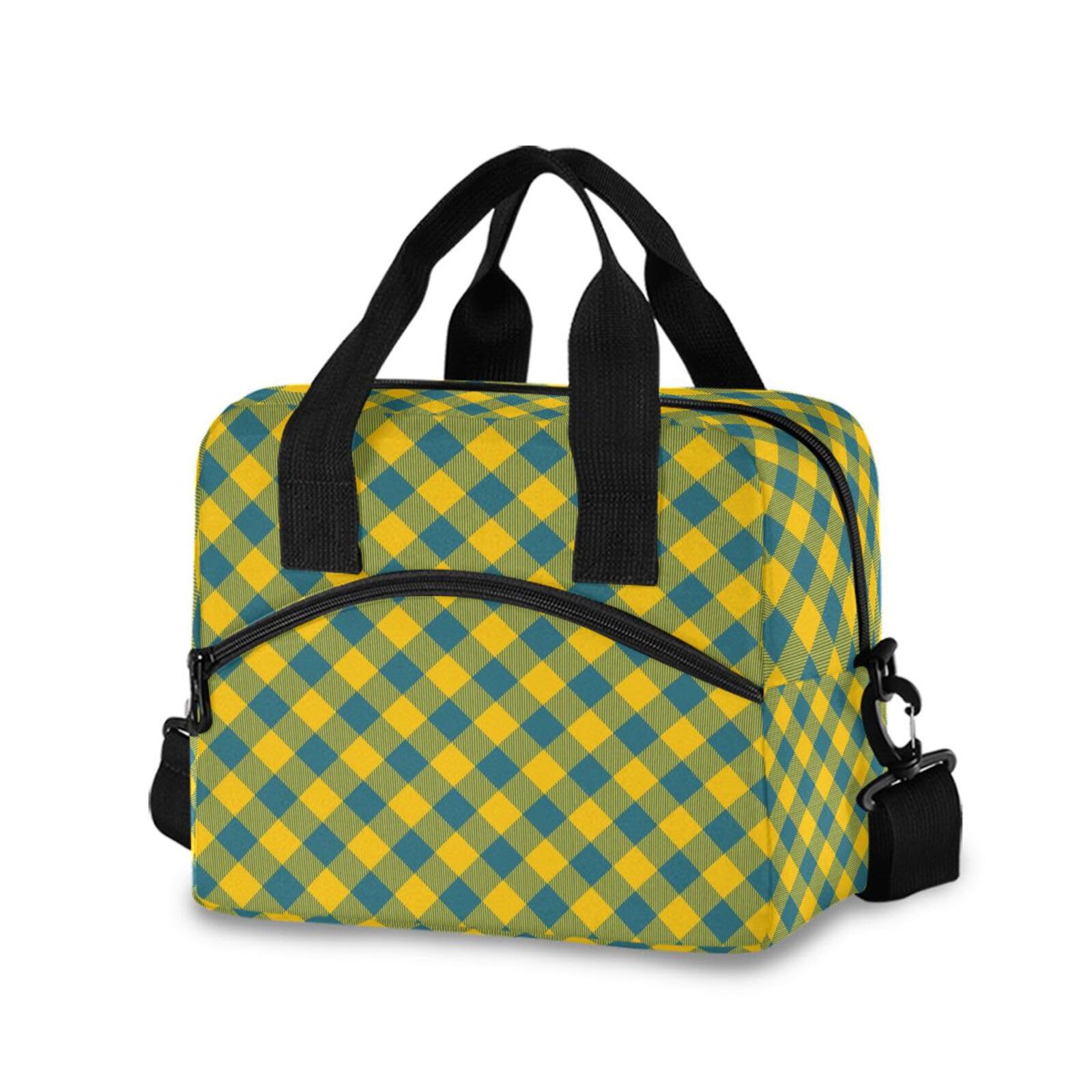 Insulated Lunch Bag Reusable Cooler Plaid Square Yellow Lunch Box Adjustable Shoulder Strap for Picnic Office School